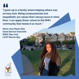 Maria Jose Payan Diaz, Guest Service Associate - Hispanic Heritage Month. Graphic featuring a quote from Maria Jose Payan Diaz about empathy and service, with her photo at Alamo Square Park.