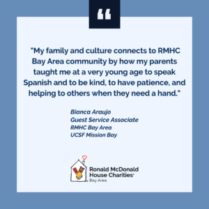Bianca Araujo, Guest Service Associate - Hispanic Heritage Month. Graphic featuring a quote from Bianca Araujo about family, kindness, and community at RMHC Bay Area.