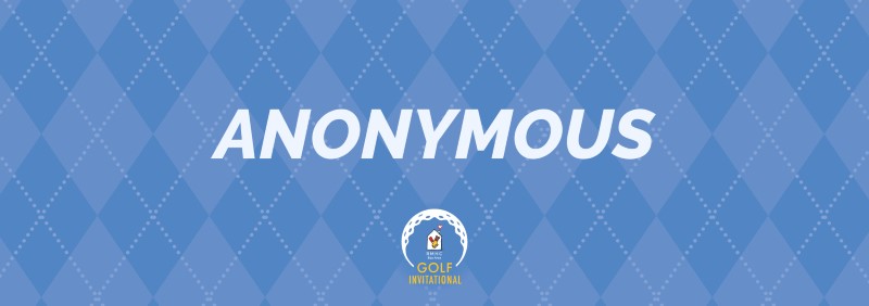 40th Annual Golf Invitational: Blue argyle background with white text reading Anonymous and the RMHC Golf Invitational logo.