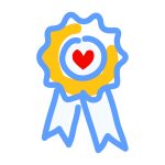 Abstract ribbon badge with a red heart in the center, symbolizing recognition and care.