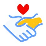 Abstract image of two hands shaking—one yellow and one white—with a red heart above, symbolizing compassion and unity.