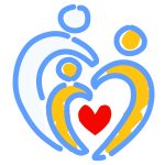 Stylized image of three figures forming a heart shape with a red heart at the center, symbolizing love and family.