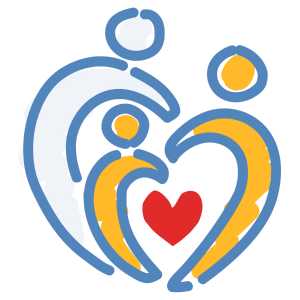 Illustration of two adults and a child forming a heart shape with a red heart in the center.