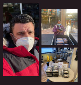 Felipe Zaragoza, Facilities Manager. Collage showing people in masks delivering and organizing packaged meals at a hospital.