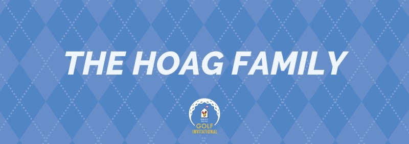 40th Annual Golf Invitational: Blue argyle background with white text reading Hoag Family and the RMHC Golf Invitational logo.