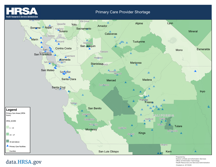 Infograph that shows Tulare County is medically underserved with a low HPSA score