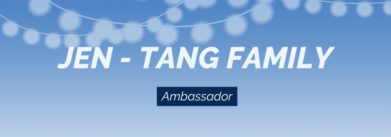 Music on the Patio: Blue gradient background with white text reading Jen Tang Family Ambassador Sponsor and string lights above.