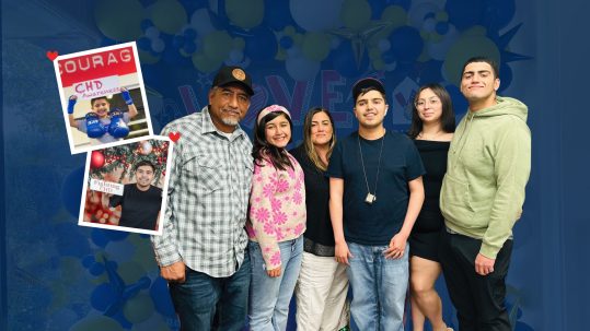 The Medina Flores family poses in front of a blue and yellow balloon backdrop with inset photos highlighting CHD awareness.