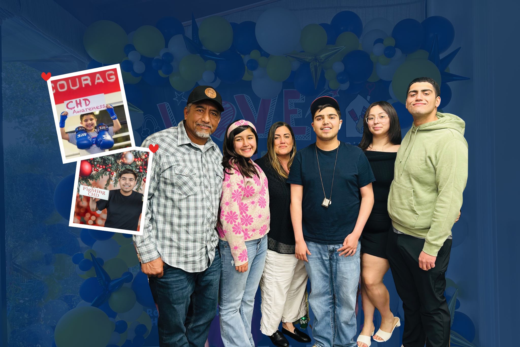 A group photo of the Medina Flores family. There are two images of Alex as a child and a present time photo.