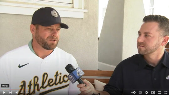 Stephen Vogt, catcher for the Oakland Athletics with Casey Pratt from ABC7