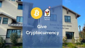 Ronald McDonald House with overlay promoting cryptocurrency donations to RMHC Bay Area.