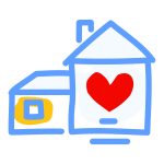 Simple line drawing of a house with a red heart in the center, symbolizing warmth, love, and shelter.