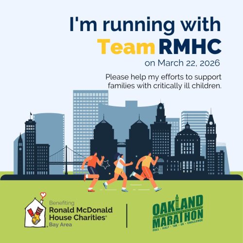 Running-with-Team-RMHC- Running with Team RMHC on March 23, 2025 graphic with Oakland Marathon and RMHC Bay Area logo.