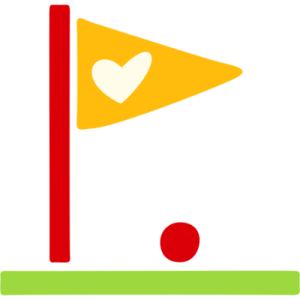 An icon of a golf flag with a heart in the middle. There is also a symbol of a red ball.