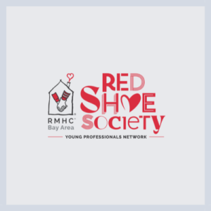 Logo for RMHC Bay Area Red Shoe Society, a young professionals network, with stylized red text and house graphic.
