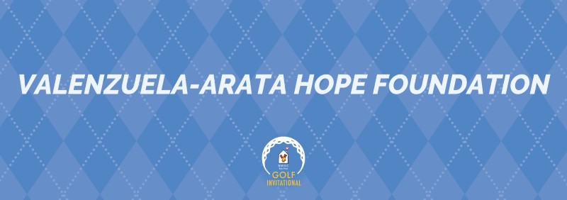 40th Annual Golf Invitational: Blue argyle background with white text reading Valenzuela Arata HOPE Foundation and the RMHC Golf Invitational logo.