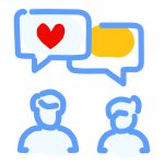 Two illustrated people with speech bubbles above them, one containing a red heart, symbolizing caring communication.