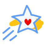 Abstract star with a red heart in the center and motion lines behind it, symbolizing inspiration and heartfelt impact.